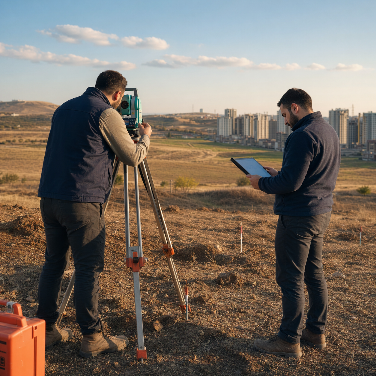 Sahada ekipmanla çalışan harita mühendislik ekibini temsil eden görsel